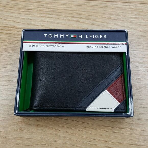 TOMMY HILFIGER Mens Black Leather Wallet Bifold RFID Flag Logo - Picture 1 of 7